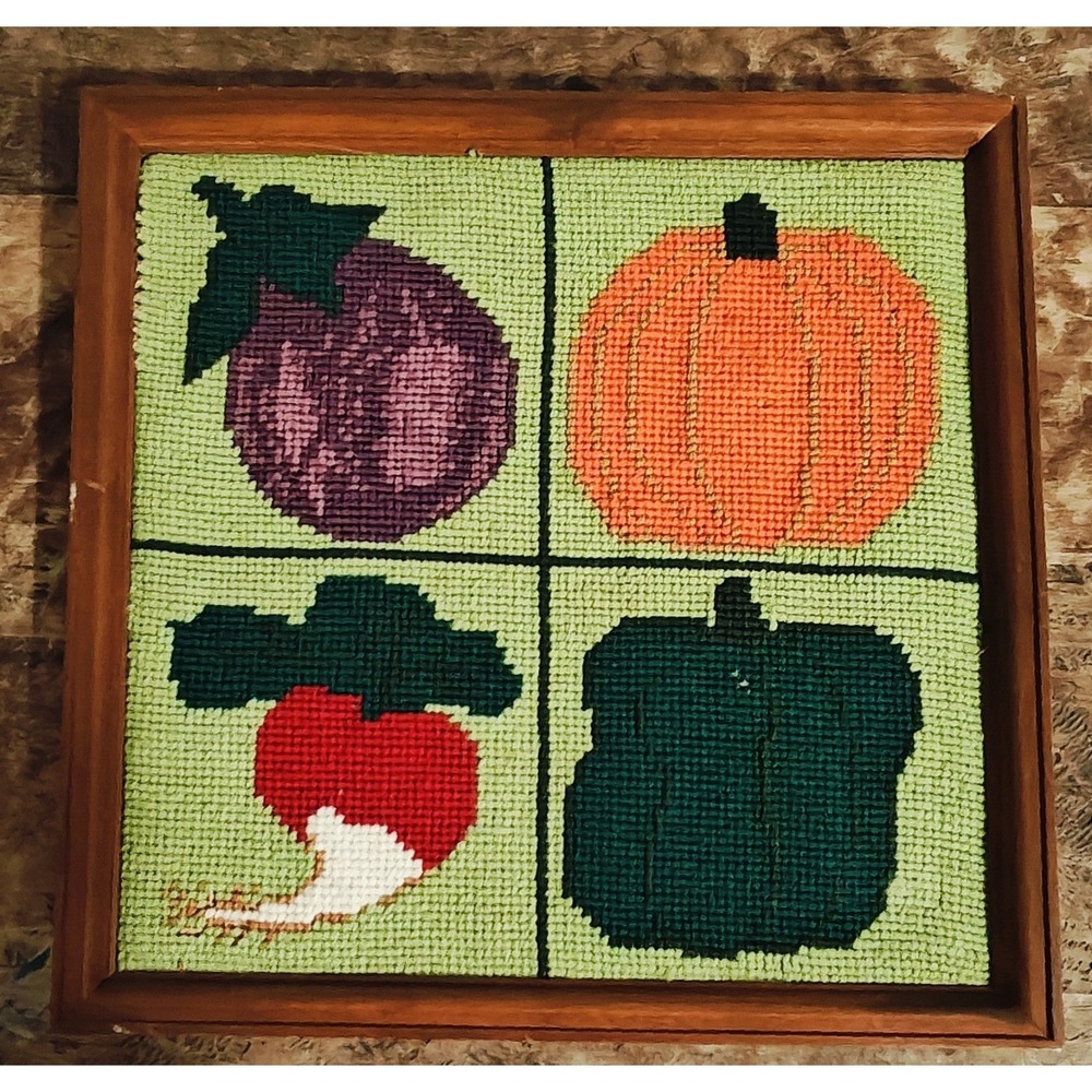 Vintage 70s Framed Vegetable Needlepoint Wall Art Hand Made